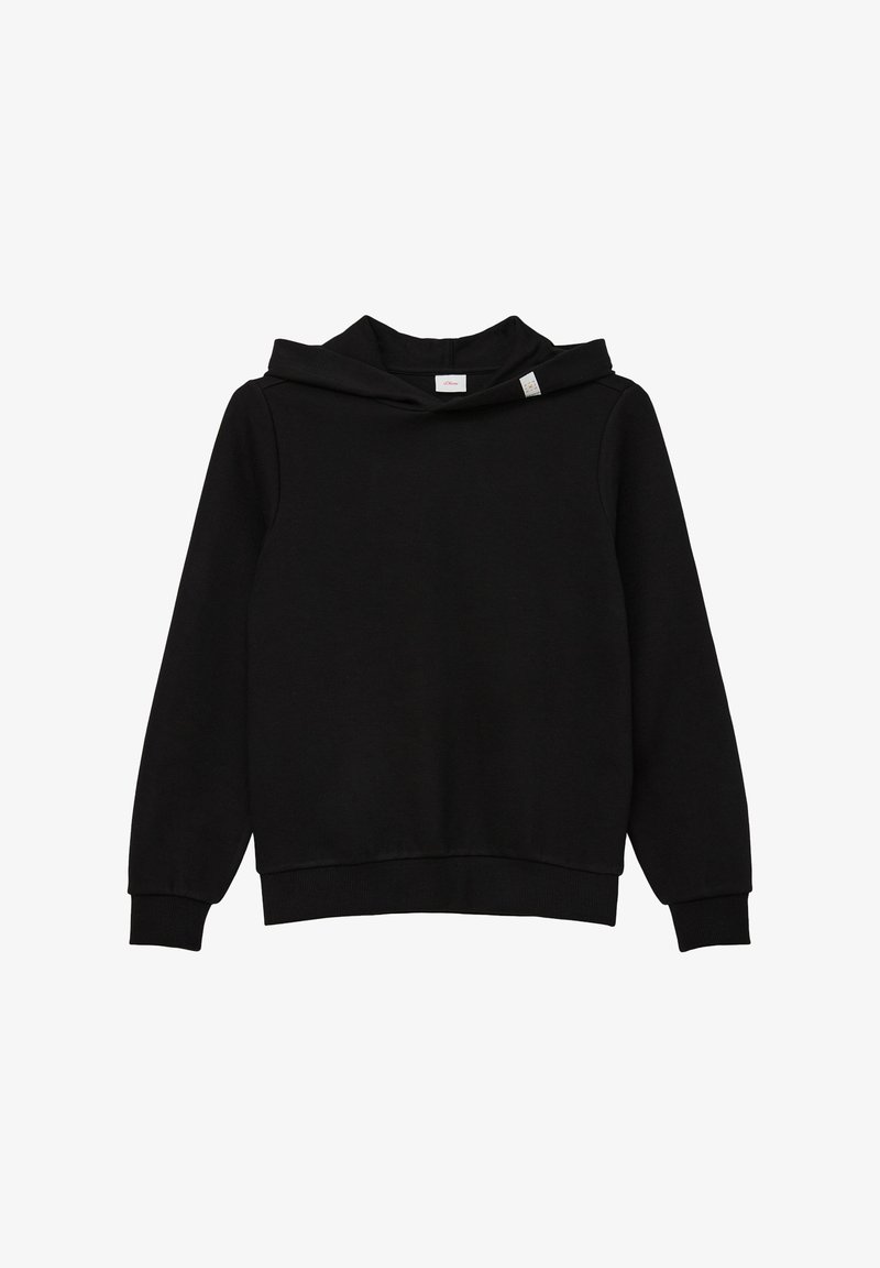 Schwarzer Kapuzenpullover aus weichem Baumwollmischgewebe, mit lässigem Schnitt, großer Kapuze und gerippten Bündchen und Saum. Minimalistisches Design ohne Muster.