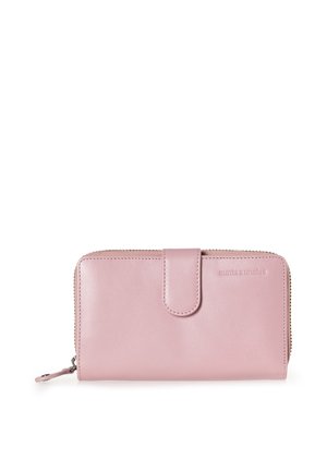 Pink leather wallet with a zip-around closure and a snap button. Smooth texture with visible stitching and brand lettering on the front.