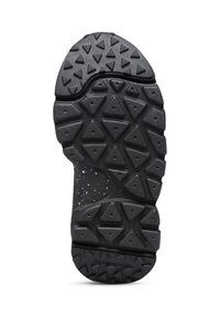 Suola di scarpa in gomma nera con battistrada triangolare, superficie testurizzata e un design a fessura stretta con un motivo maculato.