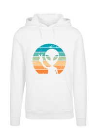 White hoodie with a colorful retro-striped circle featuring a white alien silhouette making a peace sign with its hand.
