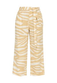 Hlače širokih nogavica od lagane tkanine s bež i bijelim uzorkom zebra, s vezanim remenom i bočnim džepovima.
