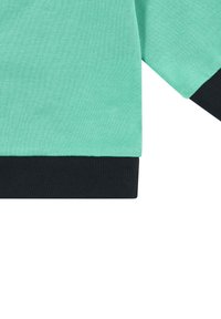 Suéter de algodón color verde menta con puños de canalé negros. La tela tiene una textura suave y presenta un clásico escote redondo.