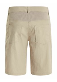 Béžové šortky vyrobené z ľahkej látky, s elastickým pásom, zadnými vreckami a hladkým povrchom s jemným leskom.