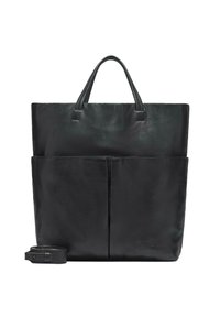 Schwarze Ledertasche mit zwei oberen Tragegriffen, einer glatten Textur, einer Fronttasche und einem abnehmbaren Riemen für Vielseitigkeit.
