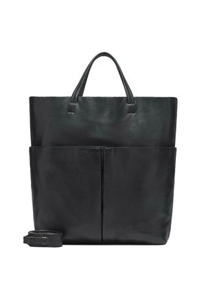 Schwarze Ledertasche mit zwei oberen Tragegriffen, einer glatten Textur, einer Fronttasche und einem abnehmbaren Riemen für Vielseitigkeit.