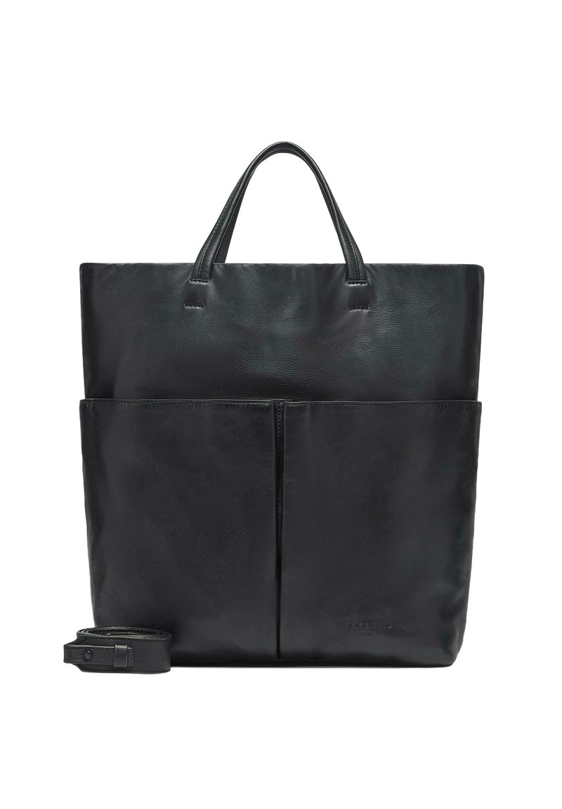 Schwarze Ledertasche mit zwei oberen Tragegriffen, einer glatten Textur, einer Fronttasche und einem abnehmbaren Riemen für Vielseitigkeit.