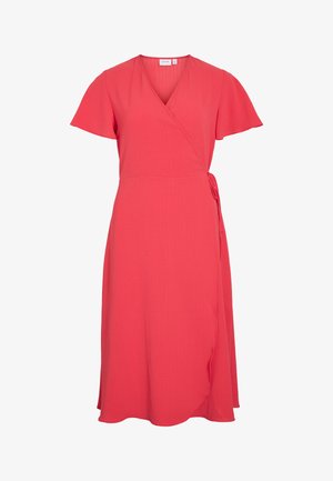 Korallpunane mähkkleit lühikeste varrukatega, V-kaelusega ja külgse paelaga detailiga, millel on veidi lehviv põlvpikkune seelik.