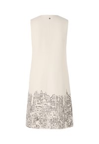 Cremfarbenes, ärmelloses Kleid mit einer detaillierten schwarzen Stadtlandschaftsillustration am Saum, einer Knopfverschluss hinten und strukturiertem Stoff.