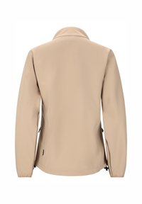 Beige jasje met een kraag, lange mouwen en verstelbare zijkanten. Gladde stof met een eenvoudig ontwerp, zonder zichtbare patronen of hardware.
