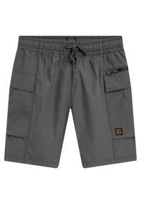 Grå cargo shorts med elastisk talje, snor, flere lommer og et lille mærkede patch på venstre side. Glat tekstur.