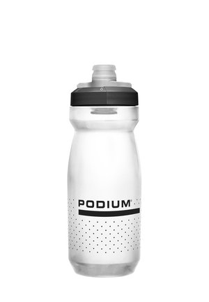 Transparente Sportwasserflasche mit schwarzem Deckel und dem Schriftzug „PODIUM“ über einem gepunkteten Muster auf der unteren Hälfte.
