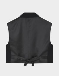 Black vest with a satin finish, back view, featuring a collar and an adjustable tied belt at the waist.