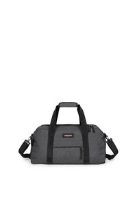 Borsa da viaggio in tessuto nero con finitura strutturata. Presenta due manici superiori, una tracolla rimovibile e una tasca frontale con cerniera.