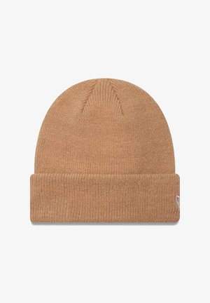 Brown knitted beanie with a folded cuff, featuring a smooth texture and a small embroidered logo on the side.
