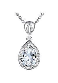 Sølvvedhængs halskæde med en stor dråbeformet krystal omgivet af mindre klare sten, hængende fra en fin kæde.