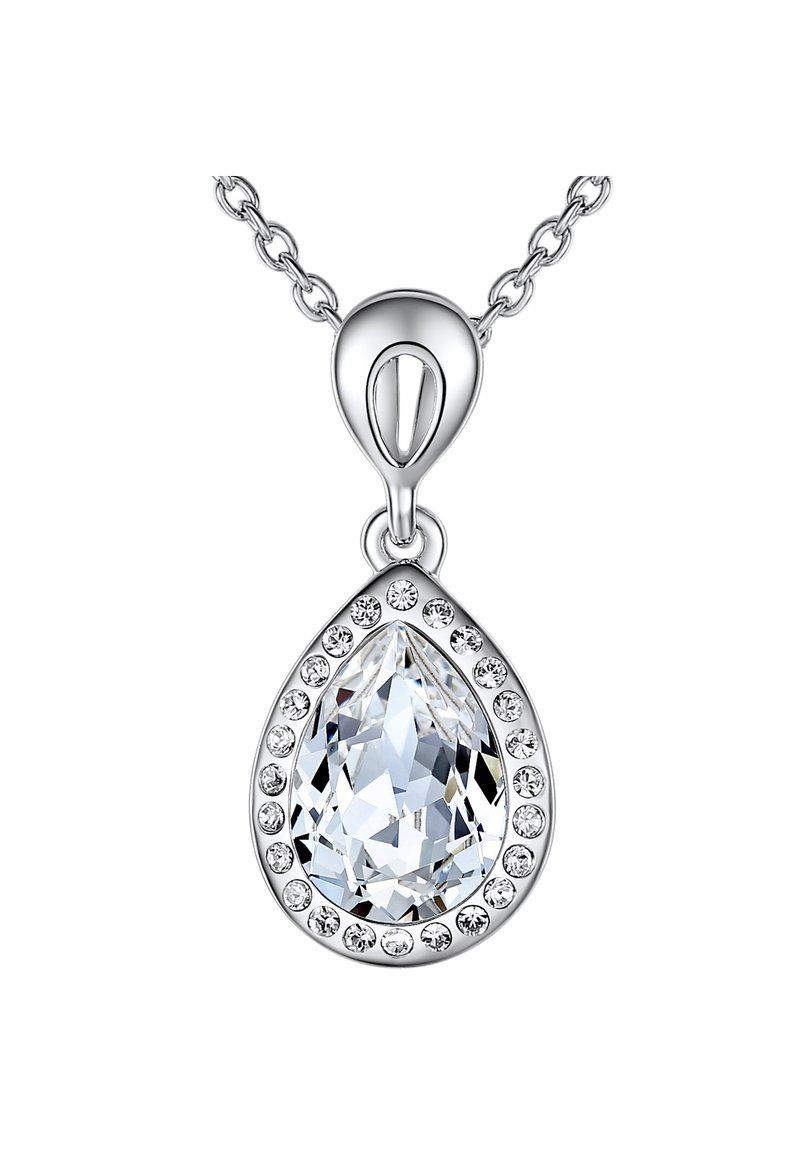 Sølvvedhængs halskæde med en stor dråbeformet krystal omgivet af mindre klare sten, hængende fra en fin kæde.