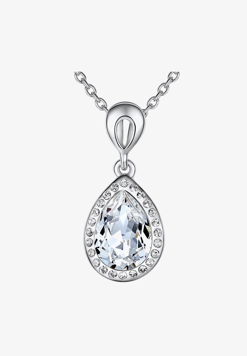 Sølvvedhængs halskæde med en stor dråbeformet krystal omgivet af mindre klare sten, hængende fra en fin kæde.