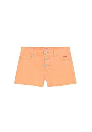 Pantalones cortos de mezclilla naranja con dobladillo deshilachado, braguilla con botones, bolsillos delanteros y pequeño logotipo bordado en el área del bolsillo derecho.