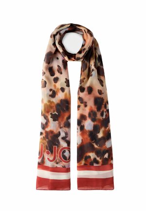 Foulard in seta con stampa leopardata in tonalità calde e texture liscia. Presenta un bordo rosso solido con accenti a righe e un dettaglio del logo.