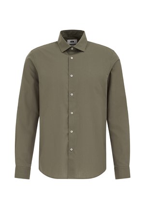 Camicia a maniche lunghe color verde oliva, realizzata in cotone liscio, con colletto classico, chiusura frontale con bottoni e orlo arrotondato.