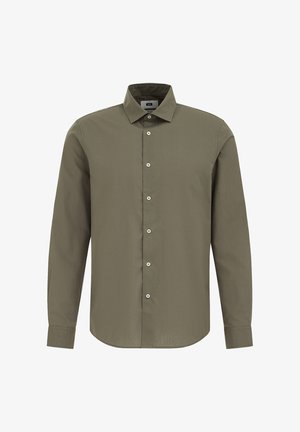 Camicia a maniche lunghe color verde oliva, realizzata in cotone liscio, con colletto classico, chiusura frontale con bottoni e orlo arrotondato.