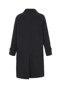 Schwarzer leichter Trenchcoat mit Kragen, langen Ärmeln und geknöpften Manschetten; verfügt über einen Rückenschlitz und eine glatte, elegante Textur.