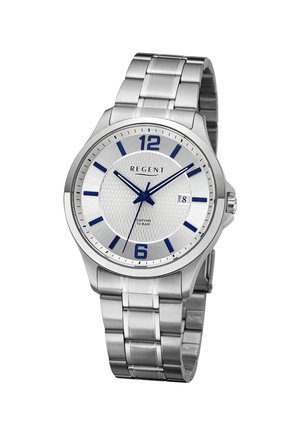 Silver Regent wristwatch with blue hour markers and hands, date window at 3 o'clock, and stainless steel link bracelet.