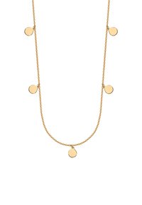 Złoty naszyjnik z łańcuszkiem, z pięcioma małymi, okrągłymi zawieszkami równomiernie rozmieszczonymi na długości. Stylowy i elegancki design.