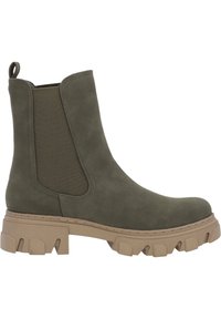 Bottine Chelsea verte avec une finition en daim lisse, des panneaux élastiques sur les côtés et une semelle en caoutchouc beige texturée avec des rainures épaisses.