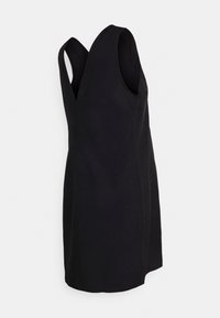 Czarna sukienka bez rękawów z teksturowanej tkaniny, z dopasowanym gorsetem i subtelnym dekoltem w kształcie litery V. Tył prezentuje prosty design.