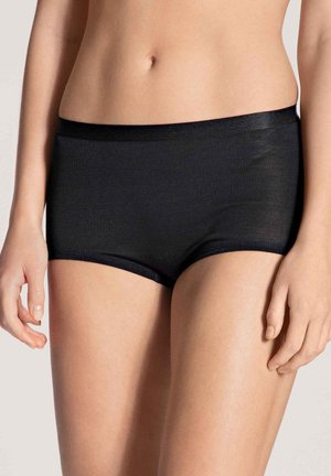Black cotton blend hipster shorts with a smooth texture, featuring a wide elastic waistband and a classic fit, extending to mid-thigh.