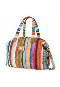 Sac à main matelassé avec des rayures verticales multicolores de différentes largeurs. Caractéristiques : tissu robuste, anses doubles et bandoulière amovible.