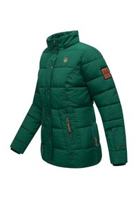 Green puffer jacket with a high collar, horizontal quilting, brown leather accents, and zippers. Features a fitted design and cuffed sleeves.