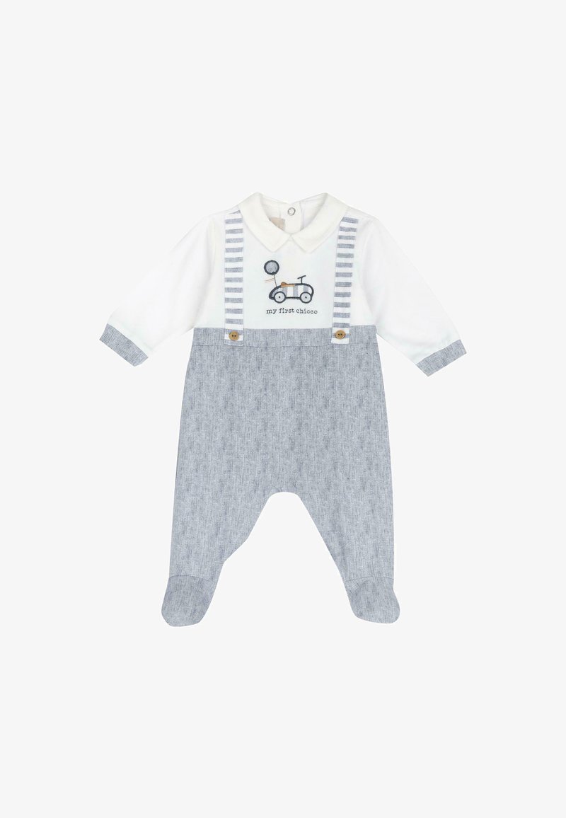 Combinaison gris clair avec bretelles rayées, haut blanc et broderie de vélo. Fabriquée en coton doux. Fermeture à pression au niveau du cou.