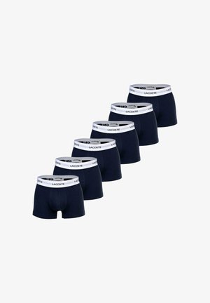 Navy boxer shorts made of cotton, featuring a white waistband with the Lacoste logo repeated. Six pairs displayed in a row.