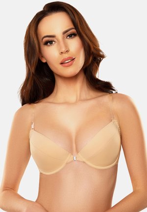 Beige Push-up-BH aus glattem Material, mit Unterdrahtunterstützung, verstellbaren durchsichtigen Trägern und einem Klippverschluss vorne.