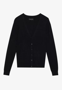 Cardigan noir tricoté avec un col en V profond, manches longues, et six boutons à l'avant. Doté de poignets et d'un ourlet côtelés pour une coupe structurée.