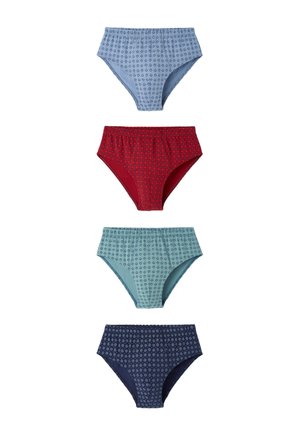 Cuatro pares de calzoncillos para hombre en azul, rojo, verde azulado y azul marino, cada uno con un pequeño patrón de diamantes repetitivo.