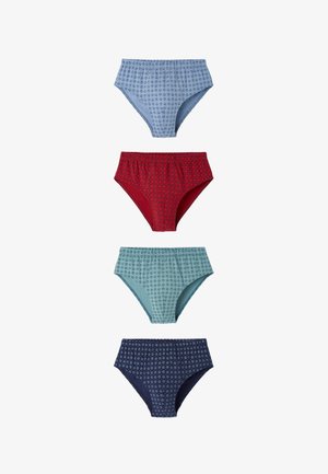 Quattro paia di slip da uomo in blu, rosso, teal e blu navy, ognuno con un piccolo motivo a diamante ripetuto.