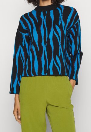 Maglione nero a maglia con strisce ondulate blu e bordeaux, scollatura tonda e maniche lunghe; abbinato a pantaloni verdi.