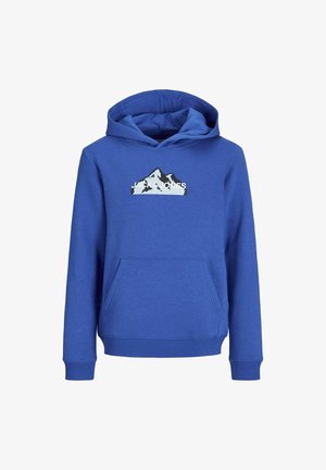 Mėlynas gobtuvas medvilninis džemperis, pagamintas iš minkštos medžiagos, su priekine kišenių ir kalnų spauda su "JACK & JONES" logotipu per krūtinę.