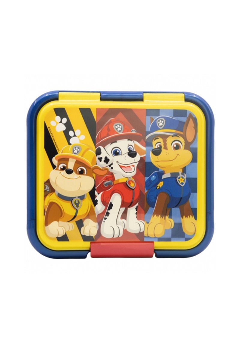 Lunch box in plastica con cani cartoni animati colorati, design blu, giallo e rosso, che presenta motivi e personaggi distintivi sul coperchio.