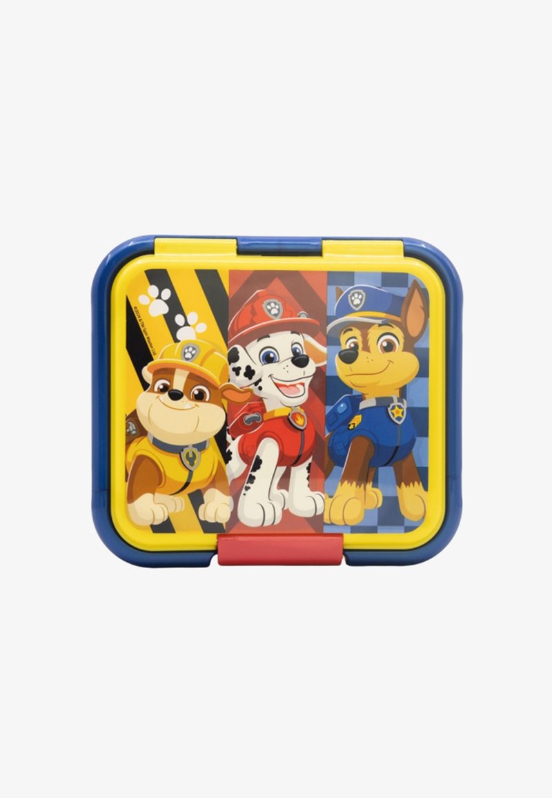 Plastic lunch box featuring colorful cartoon dogs with a blue, yellow, and red design, displaying distinct patterns and characters on the lid.
