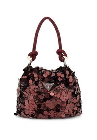 Borsa a secchiello in bordeaux, caratterizzata da lucenti paillettes rotonde, un manico in corda annodata e un accento con logo metallico sul davanti.