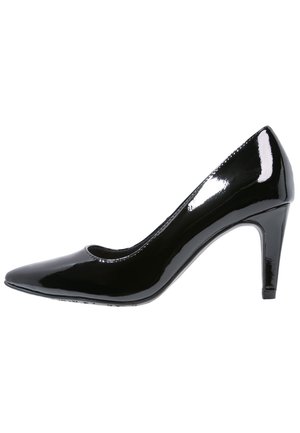 Escarpin à talon moyen fin en cuir verni noir brillant, à bout pointu, présenté de profil sur fond blanc.