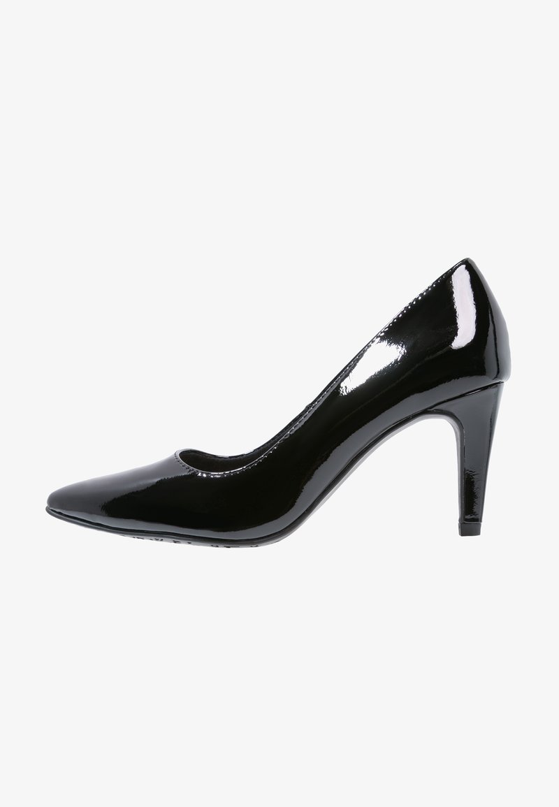 Escarpin à talon moyen fin en cuir verni noir brillant, à bout pointu, présenté de profil sur fond blanc.