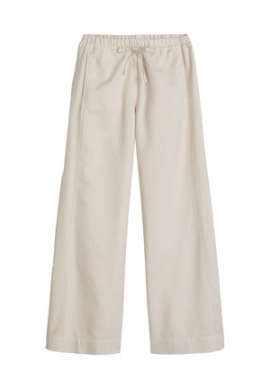 Beige wide-leg pants with elastic waistband and drawstring, front pockets, and a relaxed fit suitable for casual wear.