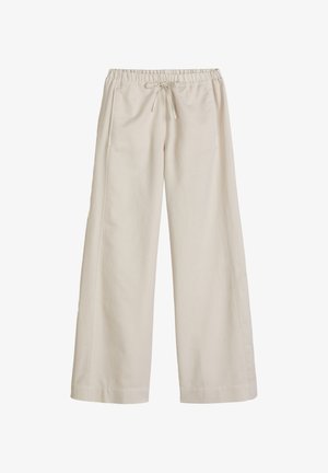Beige wide-leg pants with elastic waistband and drawstring, front pockets, and a relaxed fit suitable for casual wear.