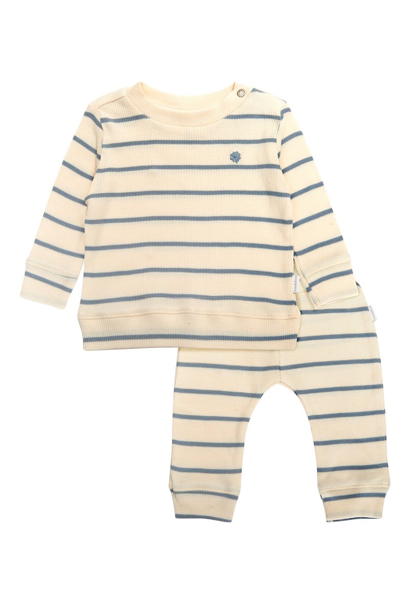 Gestreepte twee-delige babyoutfit van zacht crèmekleurig ribstof, met blauwe horizontale strepen, een ronde hals met drukknoopsluiting en rib gebreide manchetten.
