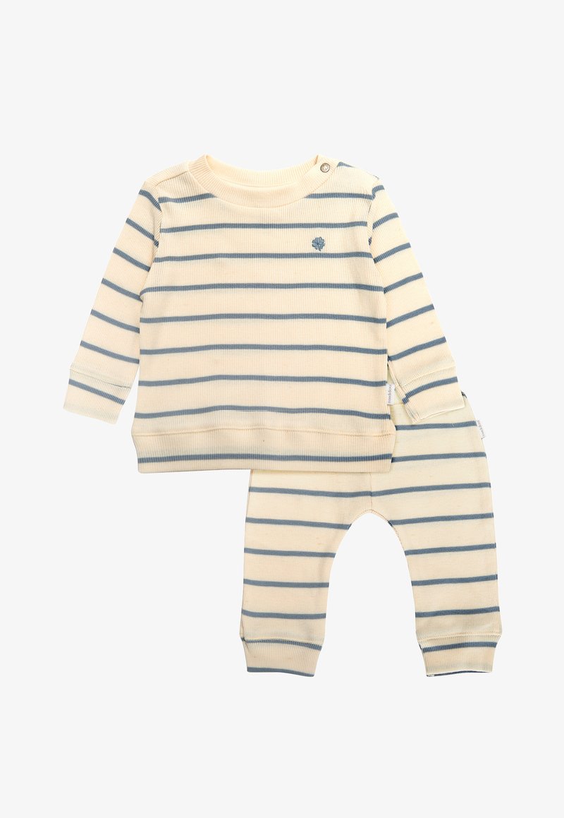 Gestreepte twee-delige babyoutfit van zacht crèmekleurig ribstof, met blauwe horizontale strepen, een ronde hals met drukknoopsluiting en rib gebreide manchetten.